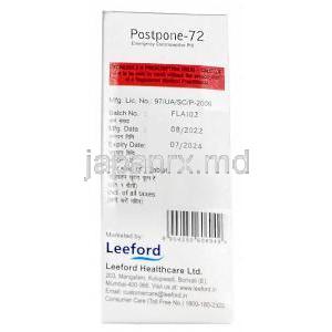 ポストポーン 72, レボノルゲストレル 1.5mg, 1錠, 製造元：Leeford healthcare, 箱情報