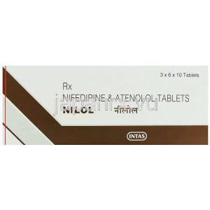 ニフェジピン / アテノロール配合, Nilol, 20mg/ 50mg 錠 (Intas) 箱