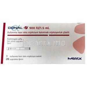 ゴナールエフ 皮下注ペン, フォリトロピン 900 IU ペン型注射 1.5 mL, 製造元：Merck, 箱表面