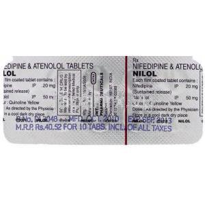 ニフェジピン / アテノロール配合, Nilol, 20mg/ 50mg 錠 (Intas) 包装裏面