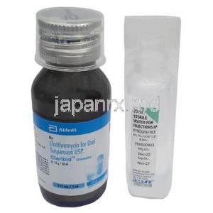 クラリビッド 経口懸濁液, クラリスロマイシン 1mLあたり 25mg,経口懸濁液用顆粒 30mL, 製造元：Abbott, ボトル, 滅菌水