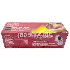 オムニ ホットジェル, カプサイシン 0.025 %/ジクロフェナク 1.16 %/亜麻仁油 3 %/メントール 5 %/サリチル酸メチル 10 %, ジェル 30g, 製造元：Cipla, 箱情報