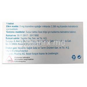 シルダルード, チザニジン 2 mg, 製造元：Sandoz, 箱情報, 成分, 製造元