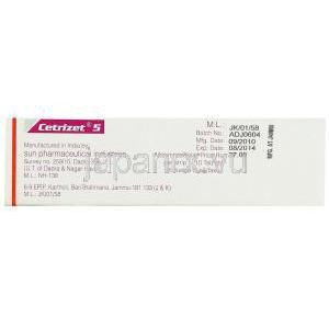 セチリジン（ジルテックジェネリック）, セトリゼット Cetrizet 5mg 箱 (Sun Pharma) 製造者情報