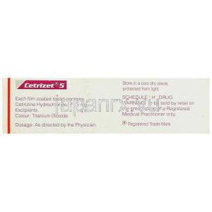セチリジン（ジルテックジェネリック）, セトリゼット Cetrizet 5mg 箱 (Sun Pharma) 成分