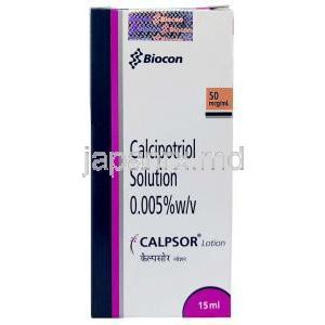 カルプソル ローション, カルシポトリオール 0.005%, ローション 15mL, 製造元：Biocon, 箱裏面