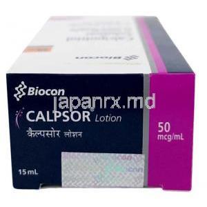 カルプソル ローション, カルシポトリオール 0.005%, ローション 15mL, 製造元：Biocon, 箱上面