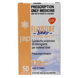 フリゾタイドジュニアインヘラー, フルチカゾンプロピオン酸エステル 50mcg, 120回分 インヘラー,製造元：GSK, 箱表面
