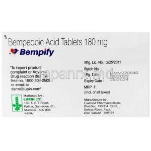 ベンピファイ, ベンペド酸 180mg,製造元： Lupin Ltd, 箱情報, 製造日, 消費期限