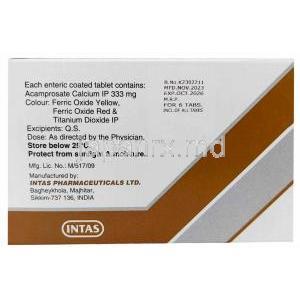 アカンプタス, アカンプロセート 333 mg, 製造元：Intas Pharmaceuticals Ltd, 箱情報, 保管方法, 製造元