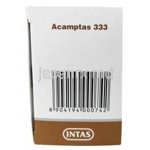アカンプタス, アカンプロセート 333 mg, 製造元：Intas Pharmaceuticals Ltd, 箱側面