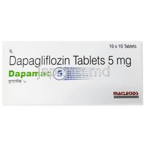 ダパマック 5, ダパグリフロジン5mg, 製造元：Macleods Pharmaceuticals Pvt Ltd, 箱表面