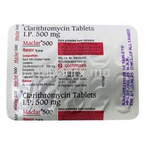 マクラー 500, クラリスロマイシン500mg, 製造元：Glenmark,シート情報