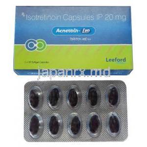アクネトイン L20, イソトレチノイン 20mg, ソフトゼラチンカプセル, 10カプセル,製造元： Leeford, 箱, シート