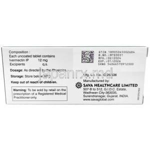 イベルメクチン (Sava社製),イベルメクチン 12mg,　SAVA Healthcare Limited, 箱情報, 製造日, 消費期限