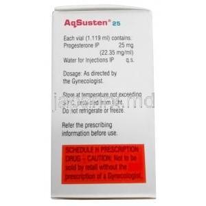 アクスステン注射, プロゲステロン 25mg, バイアル 1.119mL,製造元：Sun Pharma, 箱情報,注意事項