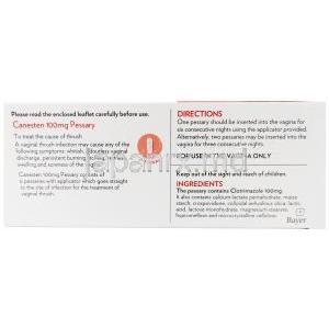 カーネステン ペッサリー, クロトリマゾール 100mg, 製造元：Bayer, 箱情報, 使用方法