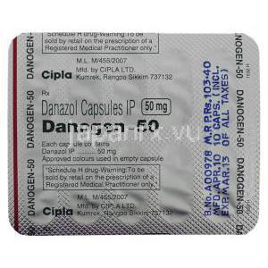 ダノジェン Danogen,  ダノクリン ジェネリック,  ダイナゾール 50mg カプセル (Cipla) 包装裏面