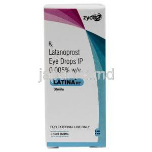 ラティーナ RT 点眼薬, ラタノプロスト  0.005% w/v, 点眼薬 2.5mL, 製造元：Zydus Cadila,箱表面