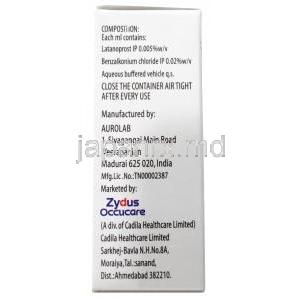 ラティーナ RT 点眼薬, ラタノプロスト  0.005% w/v, 点眼薬 2.5mL, 製造元：Zydus Cadila,箱情報, 製造元(Zydus)