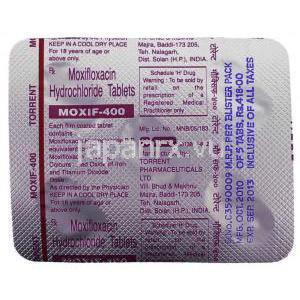 モキシフロキサシン（アベロックス ジェネリック）, モキシフ Moxif 400mg 錠 (Cipla) 包装裏面