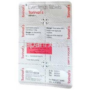 トリナット, エベロリムス 5mg, 7錠, 製造元：Natco Pharma, シート情報