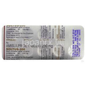 アミスルプリド（ソリアンジェネリック）, Soltus 200mg 錠 (Intas) 包装裏面