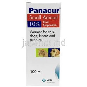 パナクールペット用 経口懸濁液, フェンベンダゾール 10%, ペット用 経口懸濁液 100mL, 製造元：MSD Animal Health, 箱表面