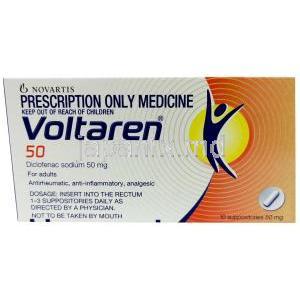 ボルタレン 座薬, ジクロフェナク ナトリウム 50 mg, 10 錠（座薬）, 製造元：Novartis, 箱裏面