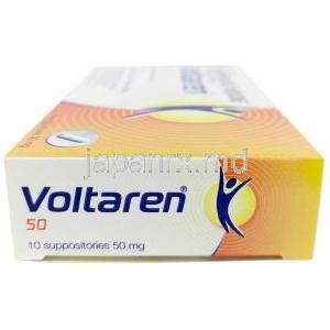 ボルタレン 座薬, ジクロフェナク ナトリウム 50 mg, 10 錠（座薬）, 製造元：Novartis, 箱側面