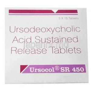 ウルソコール SR 450, ウルソデオキシコール酸  450 mg, 15 錠, 製造元：Sun Pharma, 箱表面