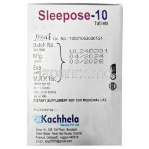 スリーポーズ, メラトニン 10 mg, 製造元：Kachhela Medex, 箱情報
