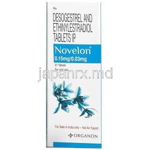 ノベロン,デソゲストレル  0.15mg/ エチニルエストラジオール 0.03mg, 21 錠, 製造元LOrganon,箱表面