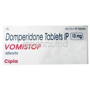 ボミストップ, ドンペリドン 10 mg, 製造元：Cipla, 箱表面（新包装）