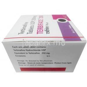 テルビフェイス,テルビナフィン 250 mg, 製造元：Healing Pharma India Pvt Ltd, 箱側面情報, 成分, 保管方法