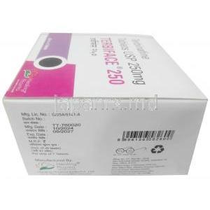 テルビフェイス,テルビナフィン 250 mg, 製造元：Healing Pharma India Pvt Ltd, 箱側面情報,製造日, 消費期限