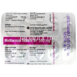 Sava社製メトホルミン, メトホルミン 500 mg, 製造元：SAVA Healthcare Limited, シート情報