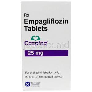 コスピアク,エンパグリフロジン 25mg, 90錠, 製造元：Torrent Pharmaceuticals Ltd,箱表面