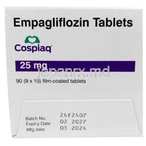 コスピアク,エンパグリフロジン 25mg, 90錠, 製造元：Torrent Pharmaceuticals Ltd,箱情報, 製造日, 消費期限