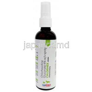 クロルヘックス 抗菌スプレー, グルコン酸クロルヘキシジン 4%, スプレー 100mL, 製造元：Sava healthcare, ボトル表面