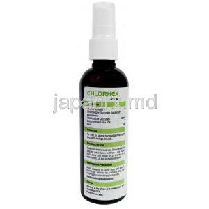 クロルヘックス 抗菌スプレー, グルコン酸クロルヘキシジン 4%, スプレー 100mL, 製造元：Sava healthcare, ボトル情報