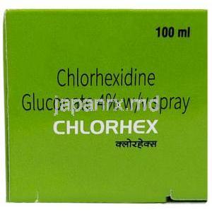 クロルヘックス 抗菌スプレー, グルコン酸クロルヘキシジン 4%, スプレー 100mL, 製造元：Sava healthcare, 箱上面