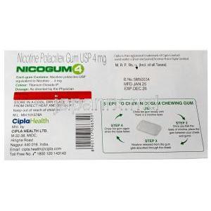 ニコガム 4, ニコチン 4mg, ガム12pcs,製造元：Cipla, 箱情報, 製造日, 消費期限