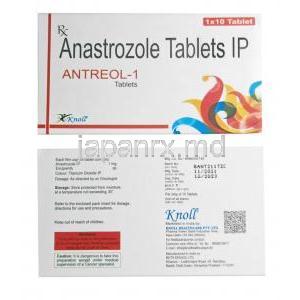アントレオール-1, アナストロゾール 1mg, 製造元：Knoll Healthcare, 箱表面, 箱裏面