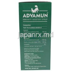 アドバマン免疫ブースターシロップ, シロップ（ペット用） 200 mL, 製造元：SAVA Healthcare,箱情報, 成分