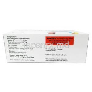テゴナット,テガフール 15mg/ ギメラシル 4.35mg/ オテラシル 11.8mg, 7カプセル,製造元： Natco Pharma, 箱情報, 注意事項