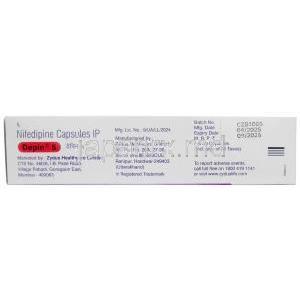 デピン 5, ニフェジピン 5mg, カプセル,製造元： Zydus Cadila, 箱情報