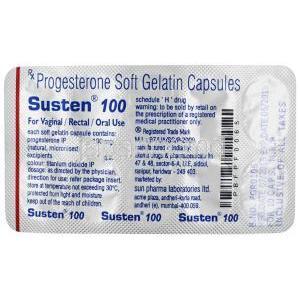 サステン 100, 微粉化天然プロゲステロン 100mg, ソフトゼラチンカプセル,製造元：Sun Pharmaceutical Industries,シート情報(新包装)