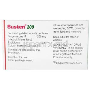 サステン 200, 微粉化天然プロゲステロン 200mg, ソフトゼラチンカプセル,製造元：Sun Pharmaceutical Industries,箱情報