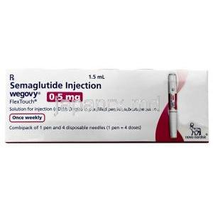 ウゴービ, セマグルチド 0.5 mg, ペン型注射 (コンビパック)  4回分, 1.5 mL, 製造元：ノボノルディスクファーマインド, 箱表面
